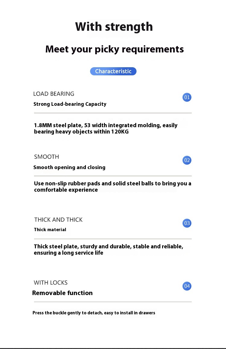 53mm Wide Heavy-Duty RV Self-Locking Drawer Slides Bearing Rails Three-Section Buffer Damping Industrial Track Modern Design