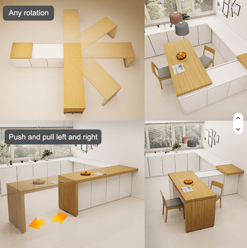 Rotating Sliding Mechanism Retractable Telescopic Integrated With Extendable Dining Kitchen Adjustable Moveable Island Table