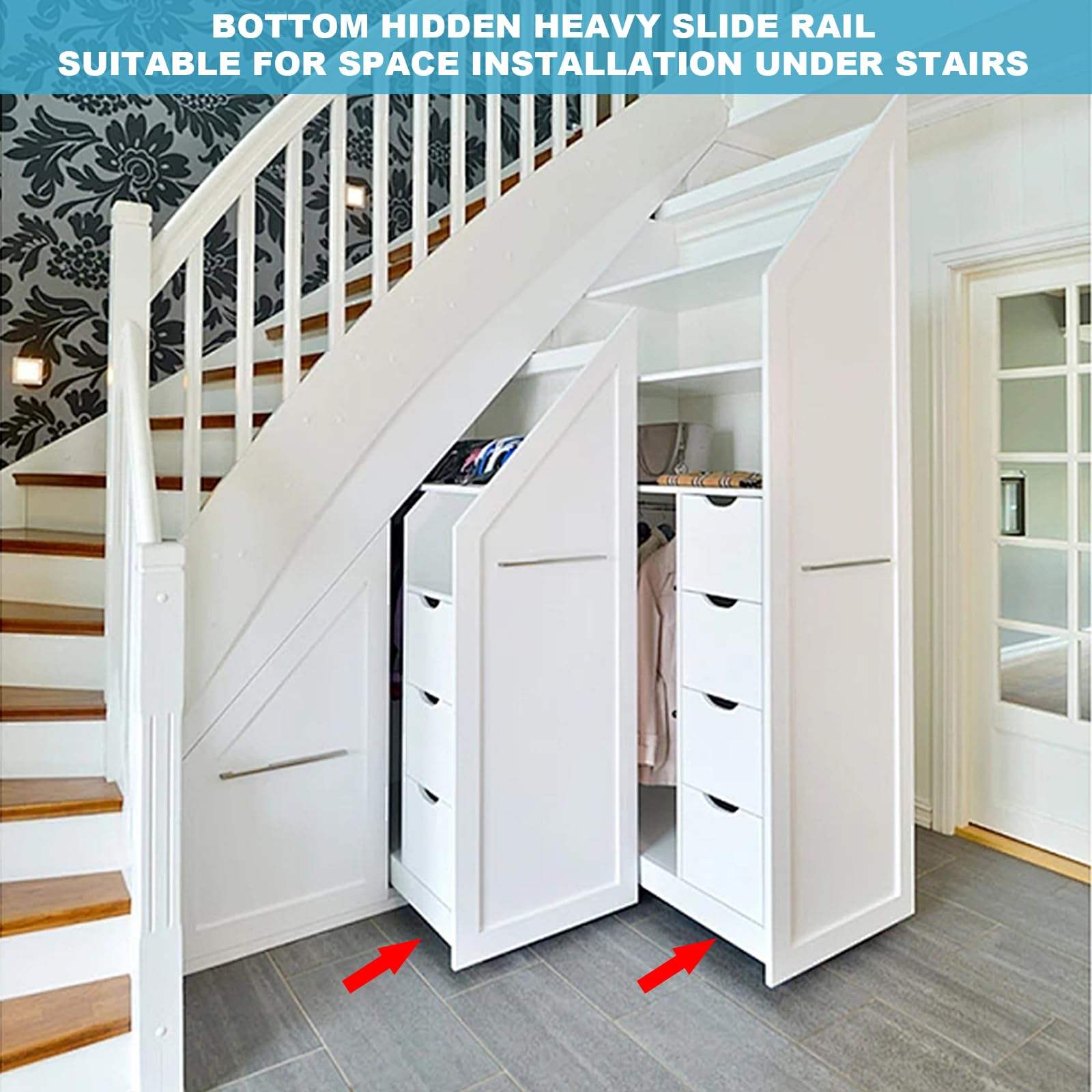 Full Extension Telescopic Slide Drawer Slides 3 Section Staircase Hidden Base Cabinet Track Stair Bottom Heavy Duty Slide