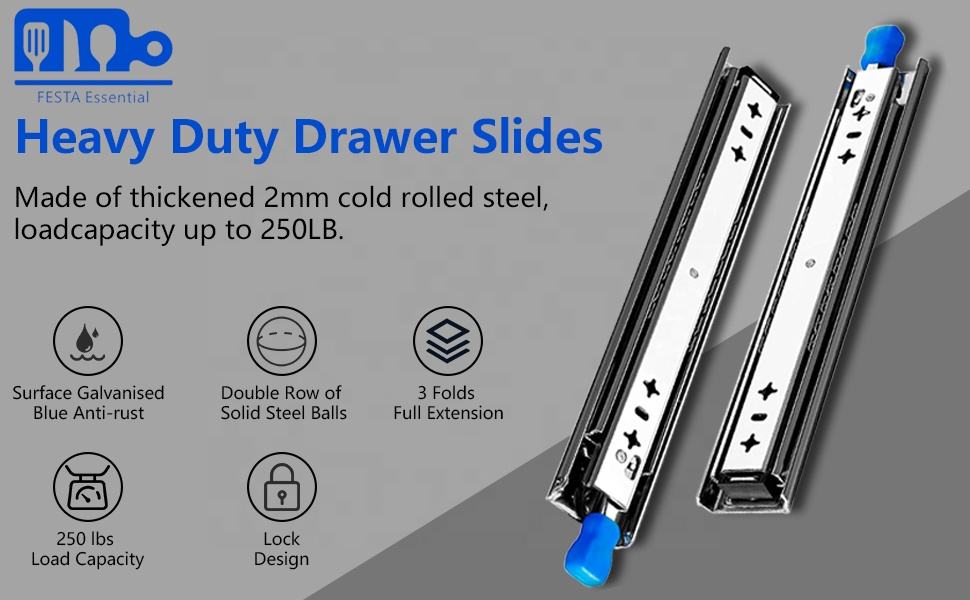 Full Extension Side Mount Ball Bearing Locking Rails Track Glides Runners Load 440 Lbs 1 Pair