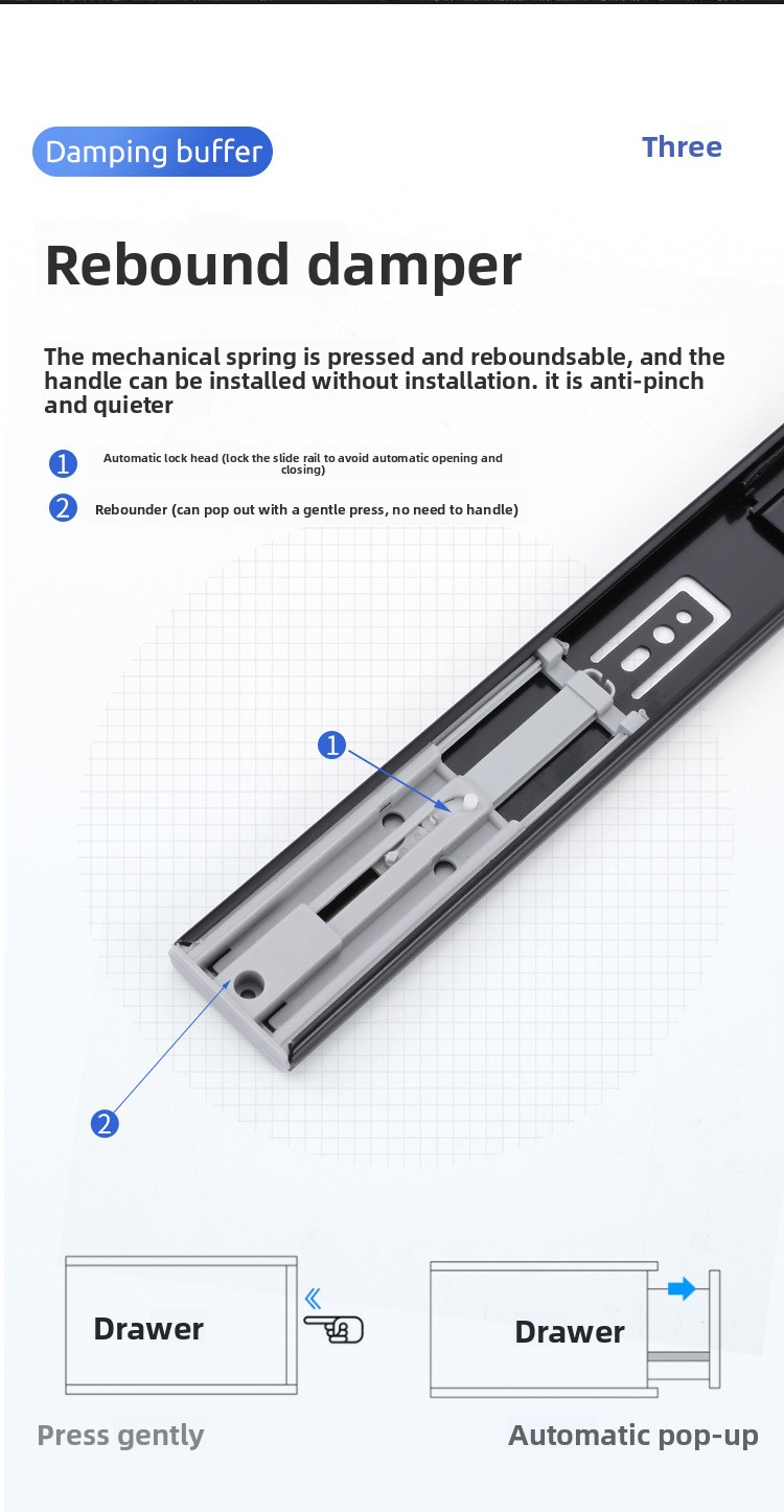 Rebound Cabinet Drawer Slides Ball Bearing Full Extension 45mm Soft Close Kitchen Telescopic Drawer Rails Guide Runner