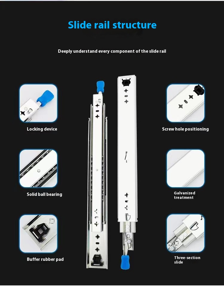 53mm Wide Heavy-Duty RV Self-Locking Drawer Slides Bearing Rails Three-Section Buffer Damping Industrial Track Modern Design