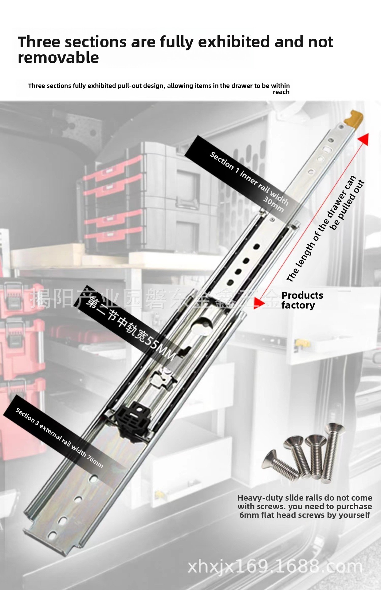 7630 Heavy Industrial Duty Drawer Slides Triple Full Extension Ball Bearing Drawer Furniture Hardware Telescopic with Lock