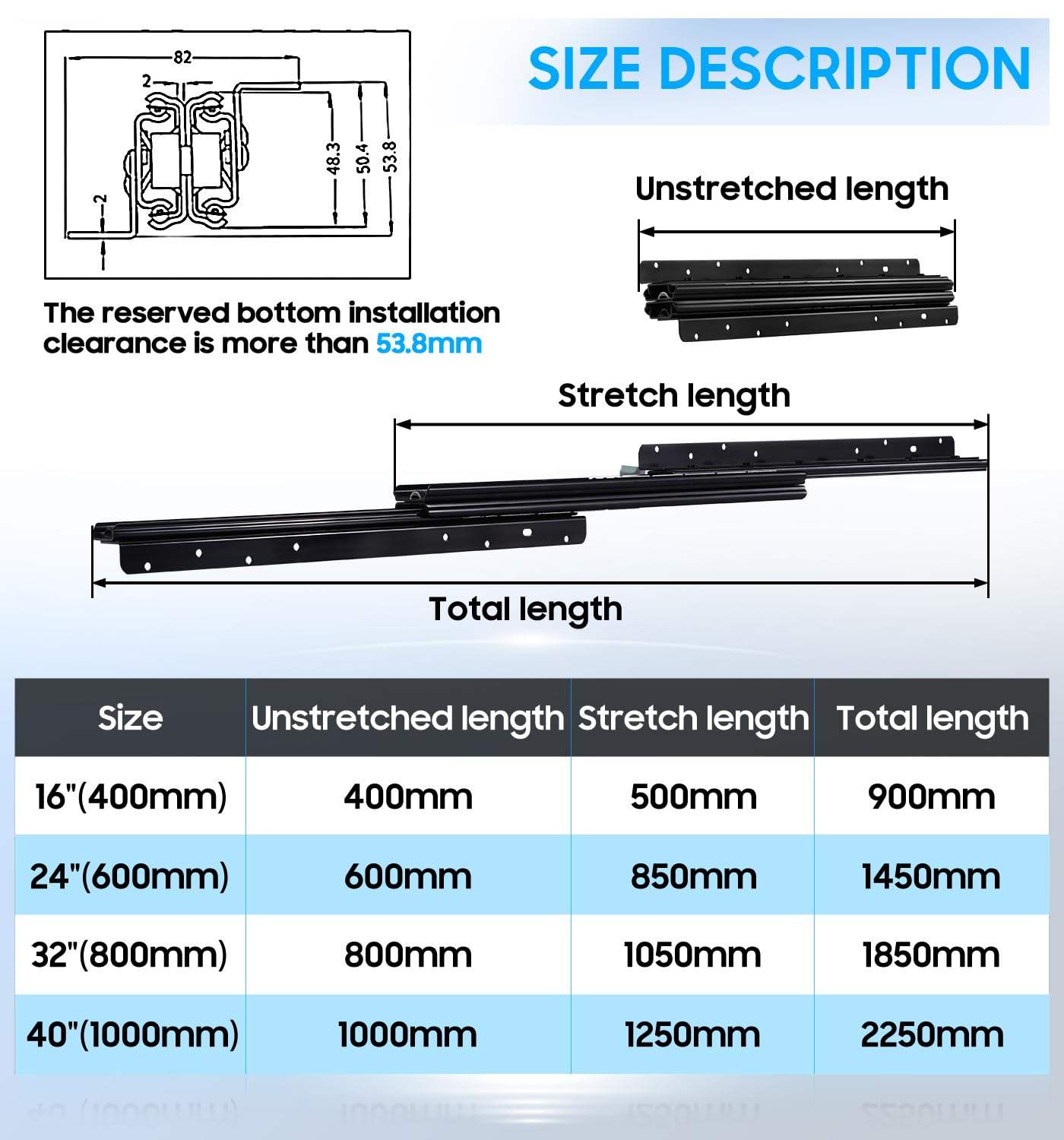 Bottom Mount Stair Rail 400-900mm Heavy Duty Drawer Slides 260lbs Weight Capacity Full Extension Ball Bearing Cabinet