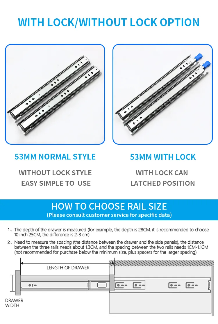 Furniture Hardware 53mm Stainless Steel Ball Bearing 304SS Slide with Hanging-in Hooks Made in China