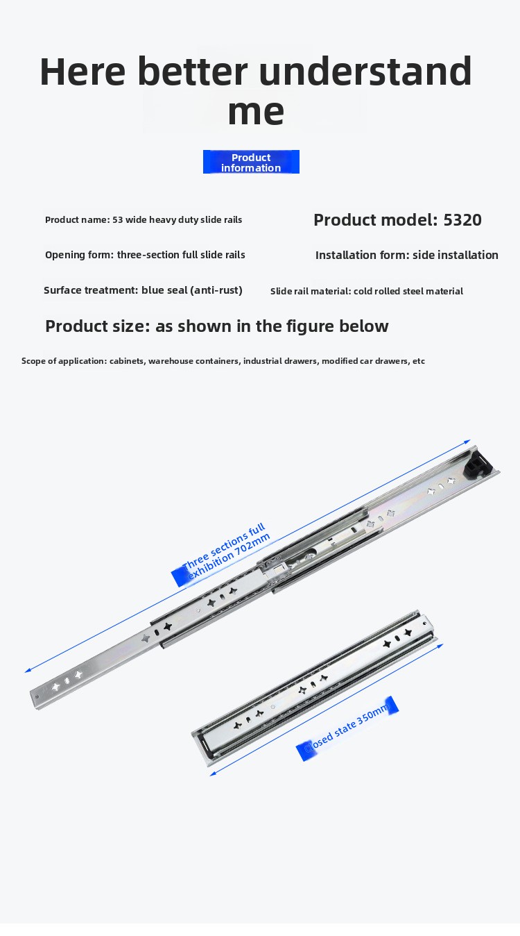 5320 Locking Heavy Duty Drawer Slides Three Section Full Extension Ball Bearing Cold Rolled Steel Industrial Rail 120KG