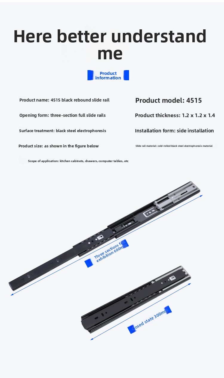 Rebound Cabinet Drawer Slides Ball Bearing Full Extension 45mm Soft Close Kitchen Telescopic Drawer Rails Guide Runner