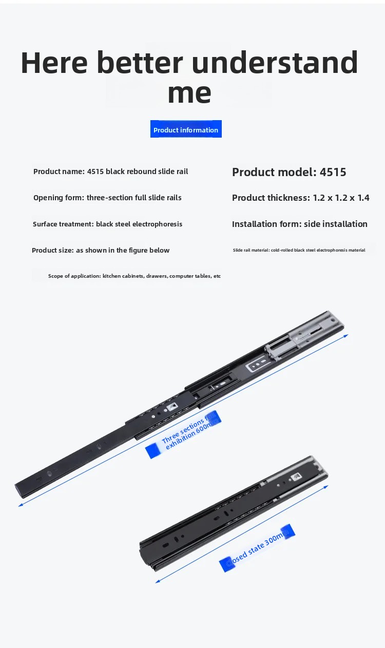 Wholesale 4515 Three-Section Fully Extendable Steel Push-Pull Track for Modern Wardrobe Solid Ball Silent Rebound Drawer Rail