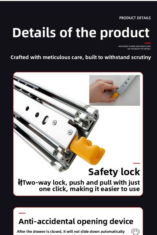 76mm Width Durable Heavy Duty Slides Telescopic Cabinet Full Extension Concealed Ball Bearing Drawer Slides