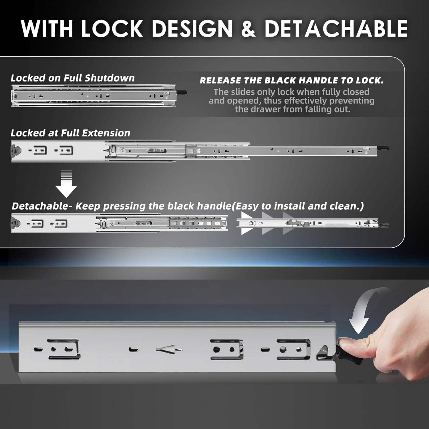 JinXin Heavy-Duty 1 Pair Drawer Slides Lock 150 lb Load Capacity Full Extension Ball Bearing Rail for 12 14 16 18 20 22 24 26