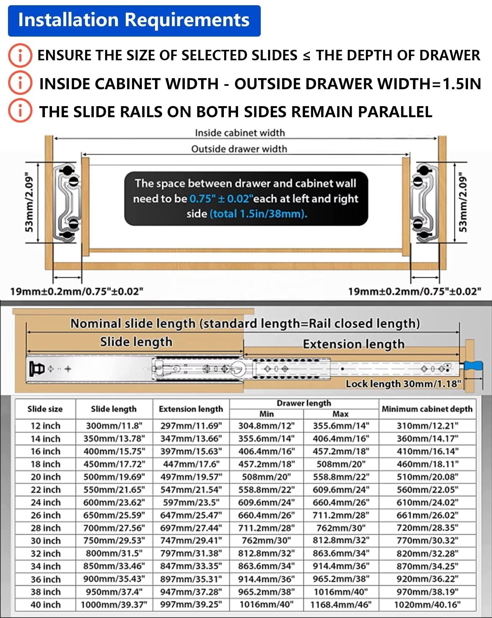Undermount Heavy Duty Drawer Slides 16 24 32 40 Inch Ball Bearing Under Stair Cabinet Rails Bottom Glides Track Runners
