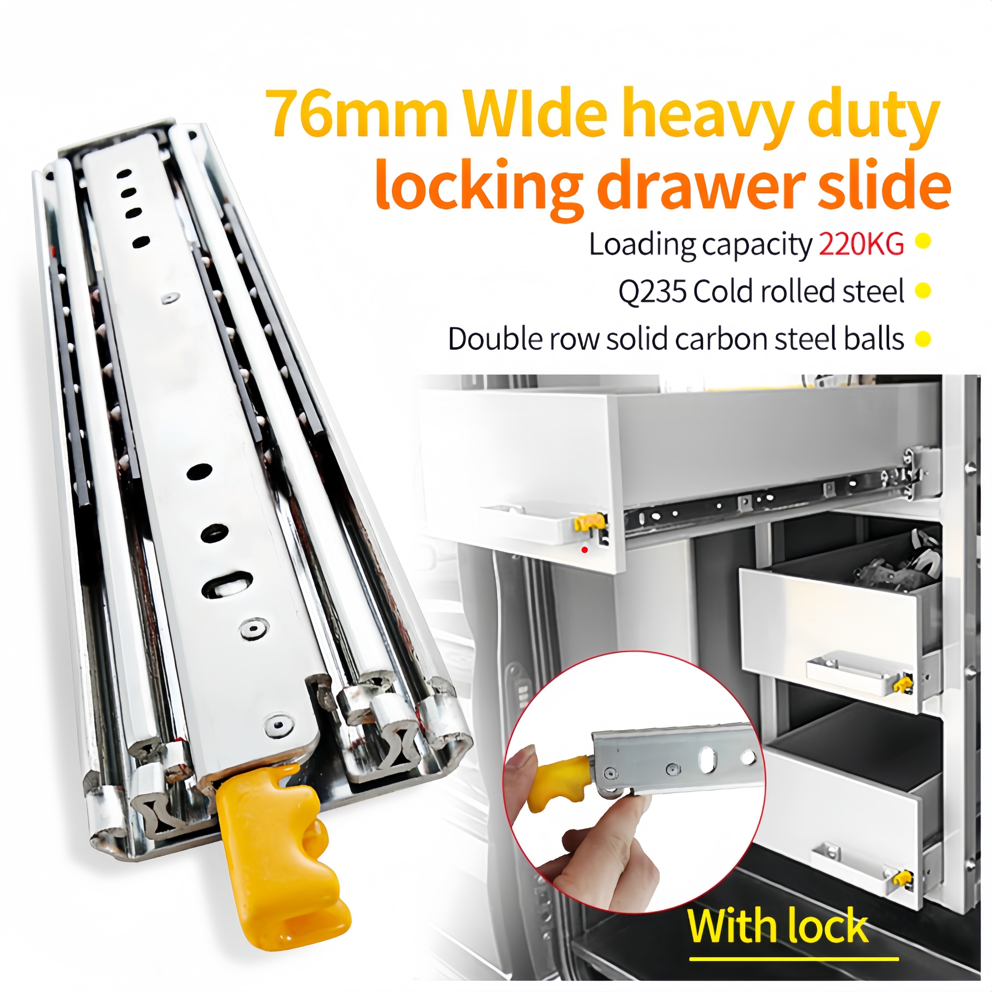 Factory Direct Sales 18" Heavy Duty Drawer Slide with Lock 3-Fold Full Extension, Ball Bearing Lock-in Lock-Out