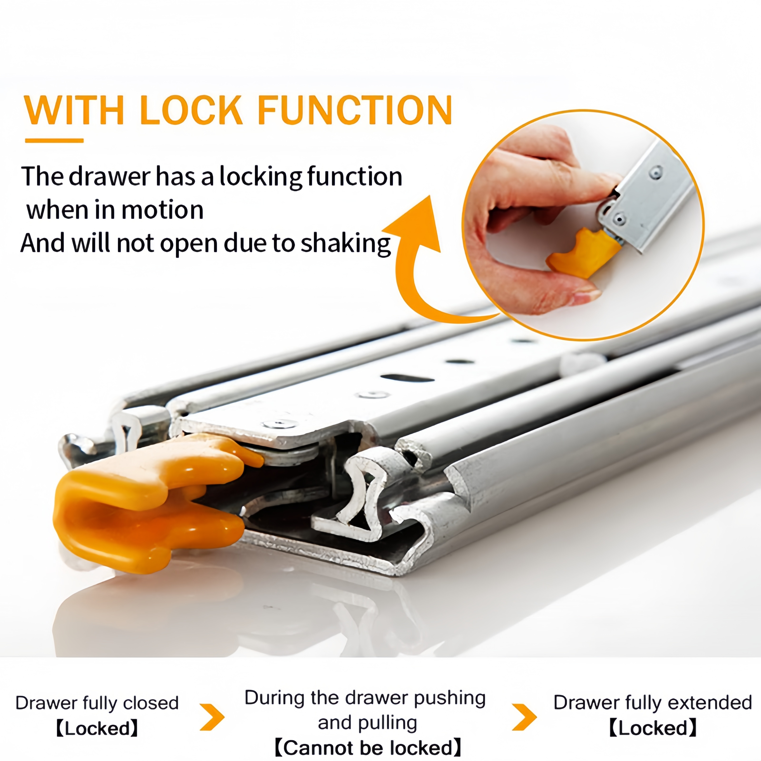 Factory Direct Sales 18" Heavy Duty Drawer Slide with Lock 3-Fold Full Extension, Ball Bearing Lock-in Lock-Out