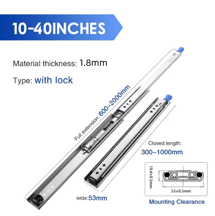 Full Extension Side Mount Ball Bearing Locking Rails Track Glides Runners Load 440 Lbs 1 Pair